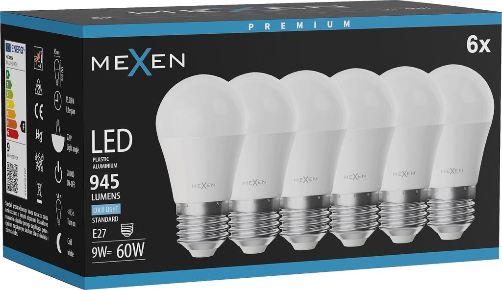Mexen Nova 6x LED-Glühbirne E27, G45, 9W, Kalt - 6500K, 945 lm - L101-E27-0965-01x06