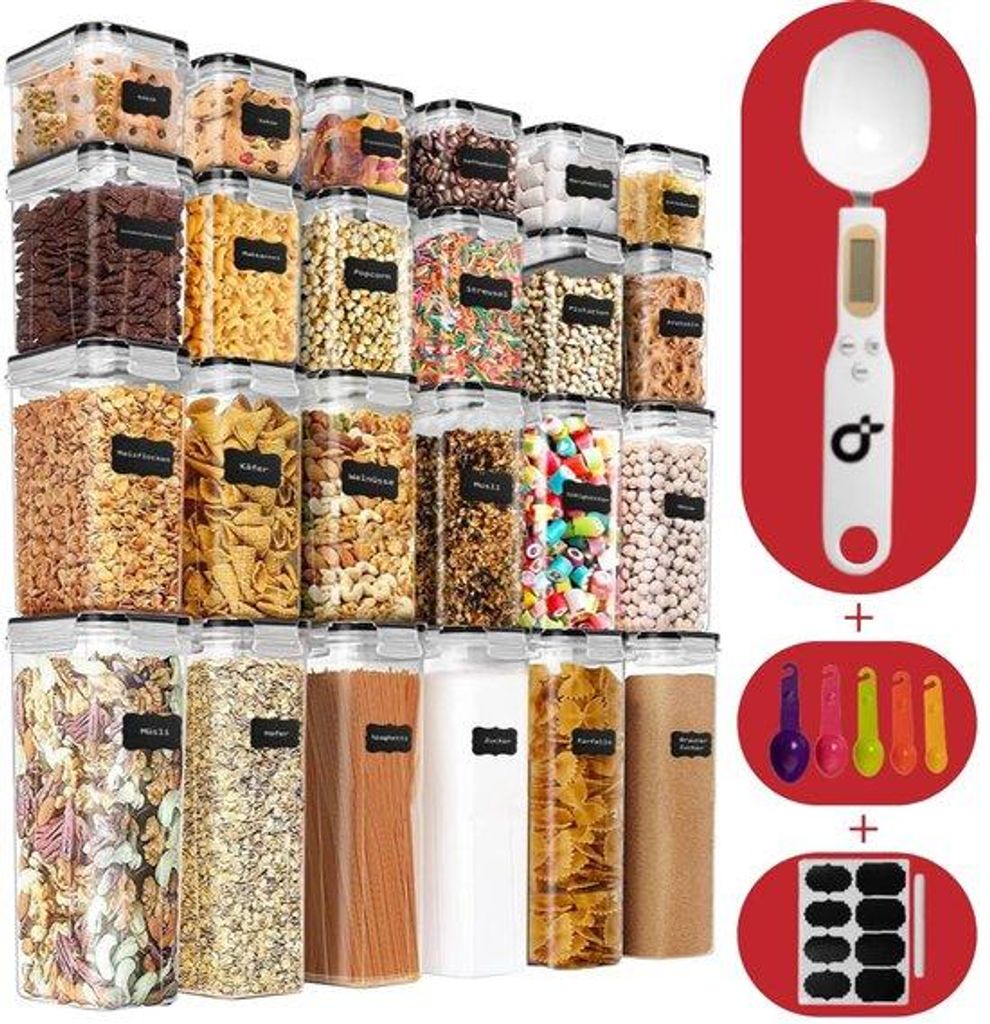 24-teilige Küchenablagebox mit digitaler Waage - Luftdicht, BPA-frei, 42L Kunststoffbox mit Deckel für das Lagern von Frühstücksgrainen