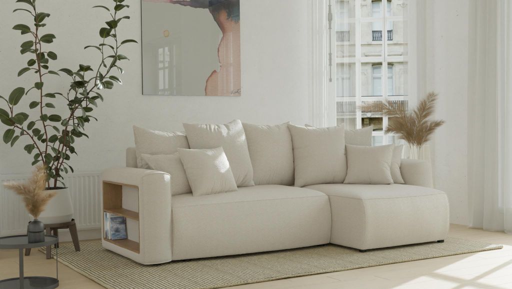 Ecksofa Tivano L-Form - Schlaffunktion, Bettkasten, Regal im Arm, Cordstoff. Seite: Universal, Stoff: Anthology_03