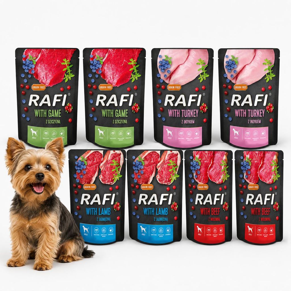 RAFI Nassfutter für Hunde 8 × 300 g – Mix aus 4 Sorten in Produktbild  KI-generiertes Bild