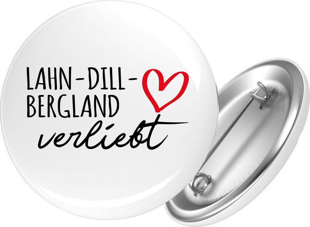 Huuraa Button Lahn-Dill-Bergland verliebt 59mm rund mit Sicherheitsnadel Ansteckbutton Geschenkidee