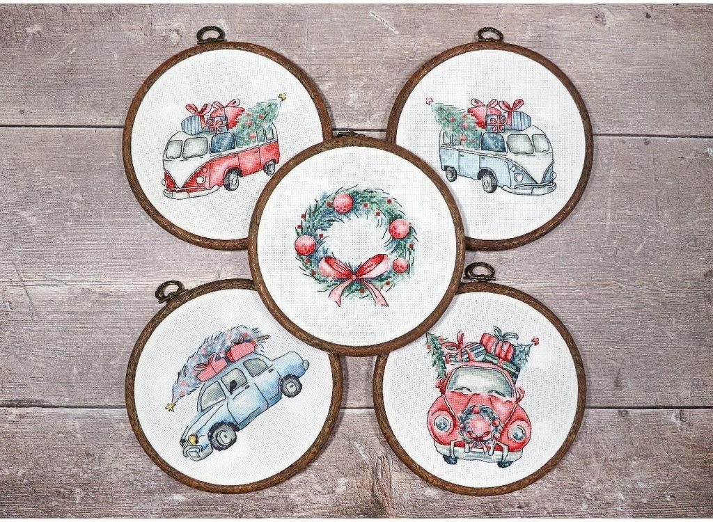 Letistitch Kreuzstich Set "Weihnachten Retro Autos / Set von 5 Stk"; Zählmuster, ca.10x10cm