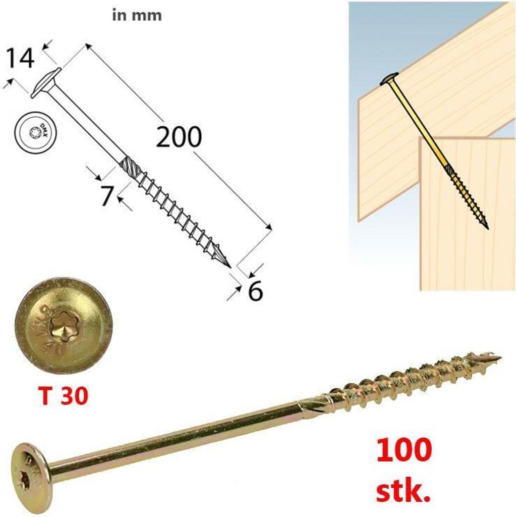 Tellerkopfschrauben 6,0x200 Konstruktionsschrauben Holzschrauben Set 100 Stück