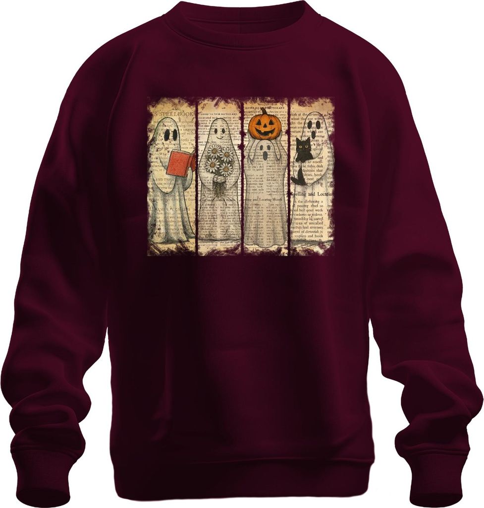Halloween Geister Vintage Zeitung niedliche Kürbis Katze Blumen Uni Sweatshirt Pullover, Burgundy, L