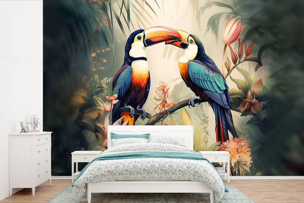 MuchoWow Fototapete für Wohnzimmer oder Schlafzimmer Wandtapete Vinyl Motivtapete Tukan - Vögel - Blumen - Natur - Dschungel - 330x220 cm - Fot...