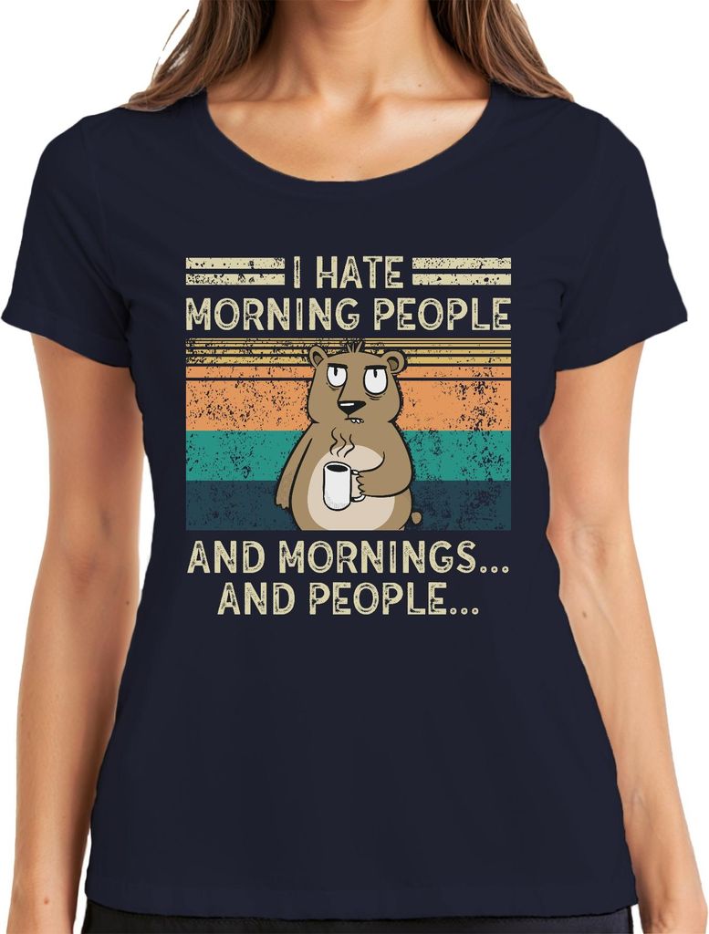 Hate Morning People Mornings And People Kaffee Bär Vintage Grunge Damen T-Shirt, Navy, L