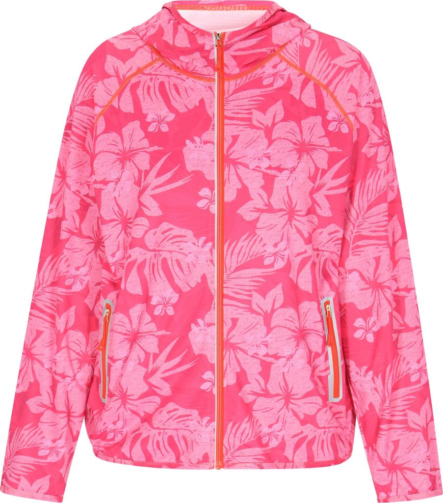 Damen Jacke rosa L mit tropischem Webstoff, verstellbarer Kapuze und Reißverschlusstaschen
