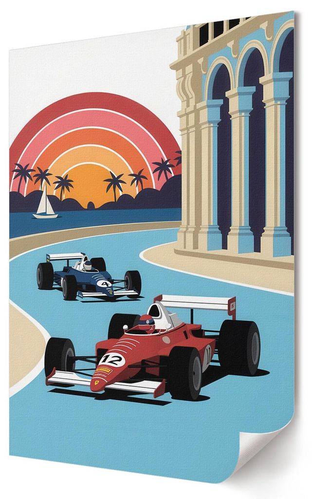 Rennillustration- Kunstdruck A2 (42x59 cm) - Popkultur, Retro- Wandbild für Wohnzimmer Schlafzimmer & Flur, Modernes Poster Wanddeko, Ungerahmt