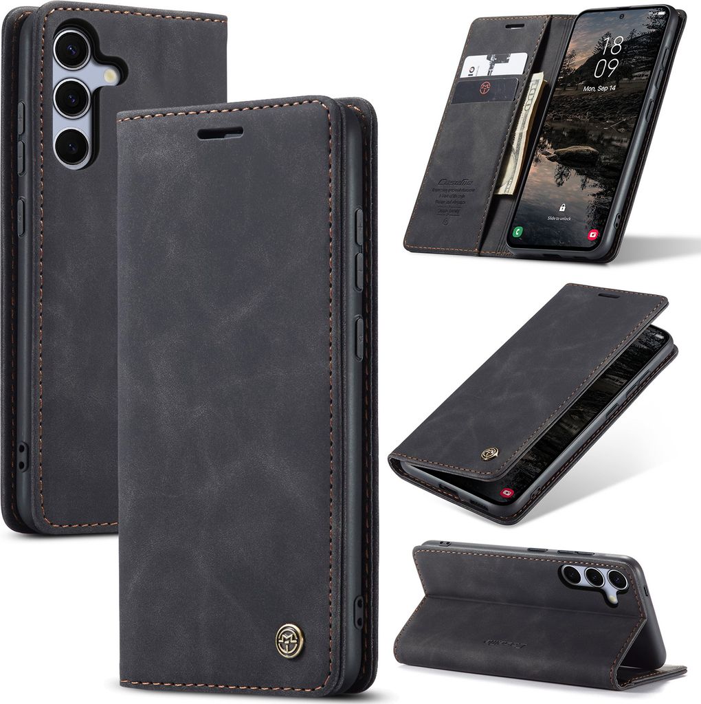 Hülle für Samsung Galaxy S25 Retro Kunstledertasche mit Standfunktion Schutzhülle Schwarz