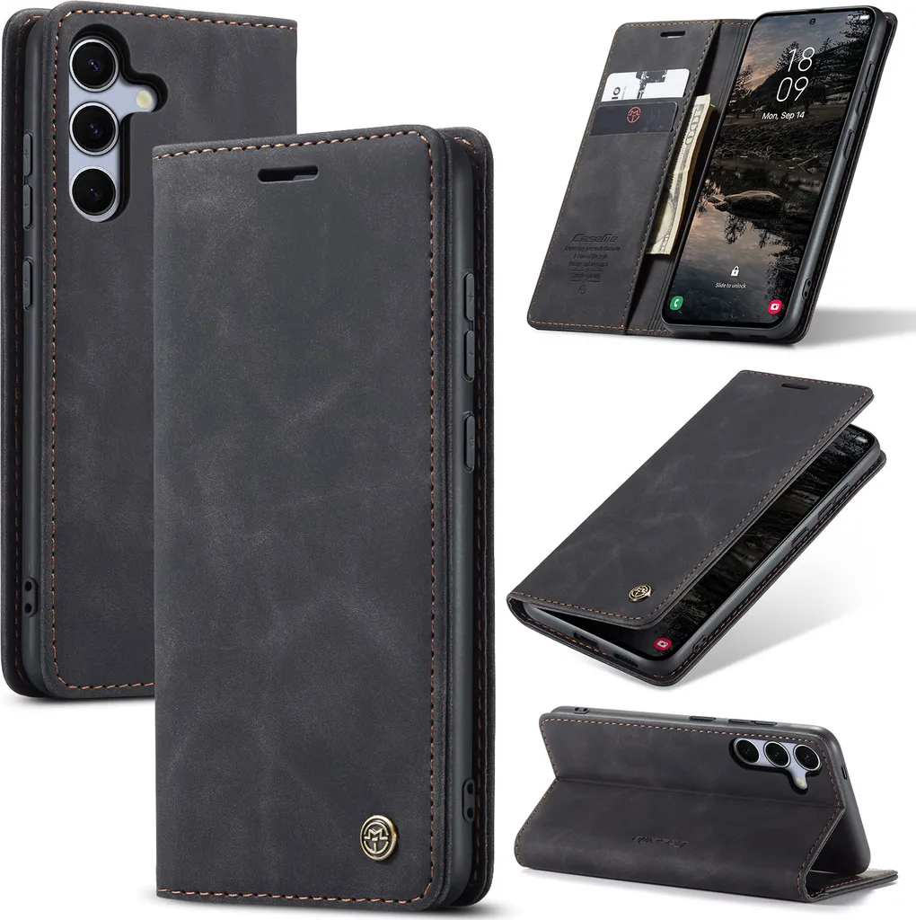 Custodia Samsung S25 Finto Cuoio Nero Retrò | Cover Supporto Elegante