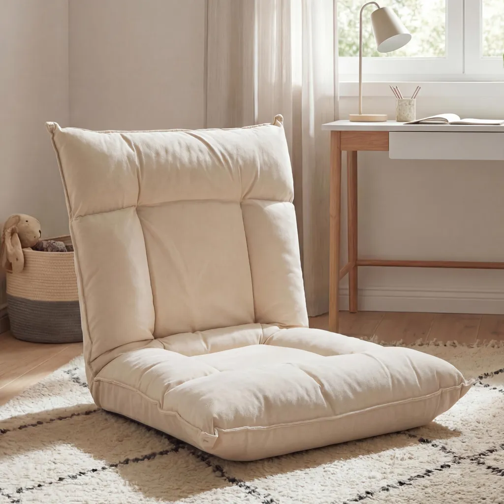 Canapé de sol beige et fauteuil de relaxation velours, chauffeuse pliable
