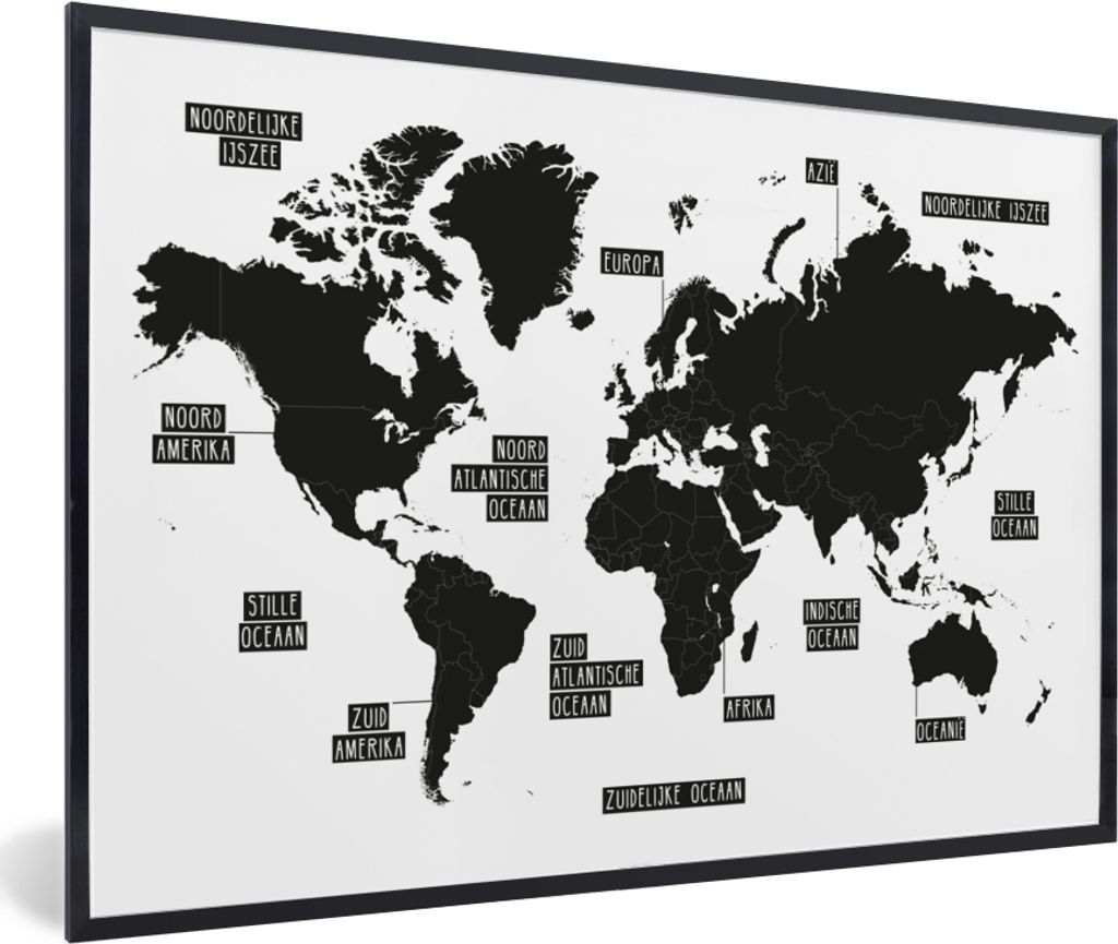 MuchoWow Gerahmtes Poster Weltkarte - Schwarz - Weiß - Kinder - Junge - Mädchen 90x60 cm - Poster mit Schwarzem Bilderrahmen Wandposter Rahmen ...