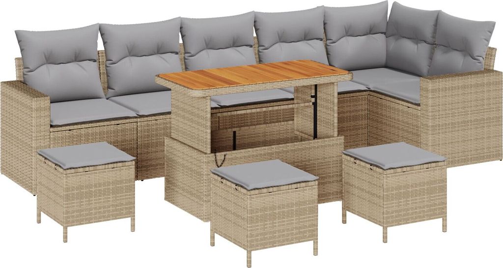 Möbel 10-teiliges Gartensofa-Set mit Kissen Beige Poly Rattan Akazie, 4-teiliges Garten-Esszimmer-Set mit Kissen Beige Poly Rattan Akazie - Garten...