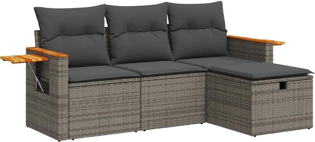 4-tlg. Garten-Sofagarnitur mit Kissen Grau Poly Rattan