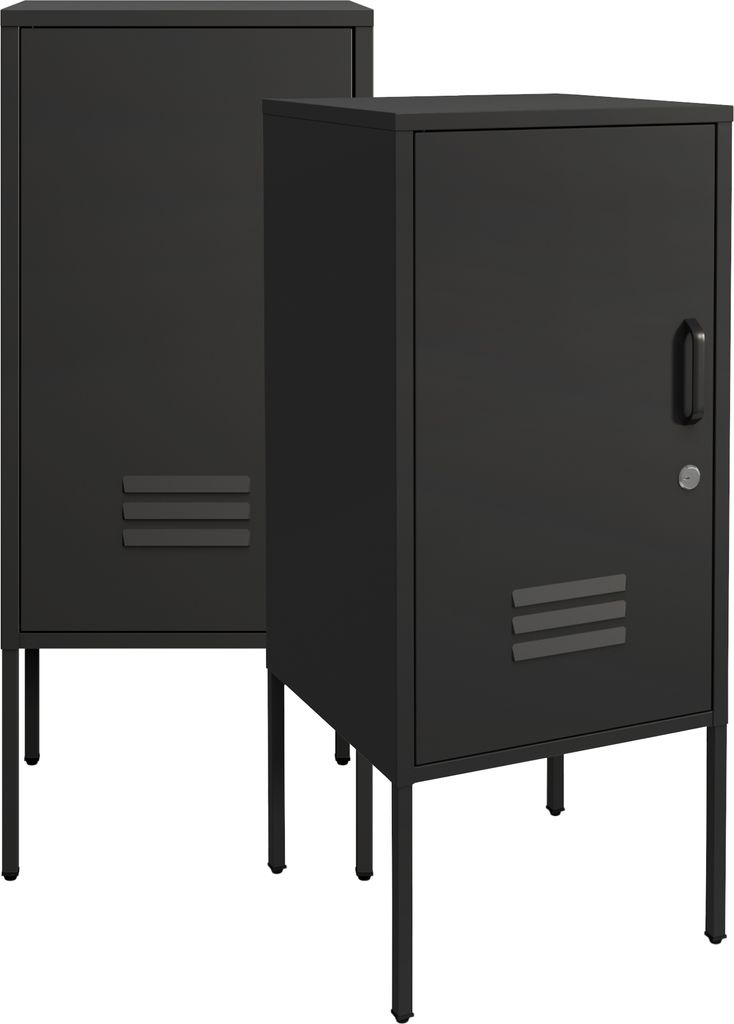 Two black metal lockers with legs are shown against a white background.