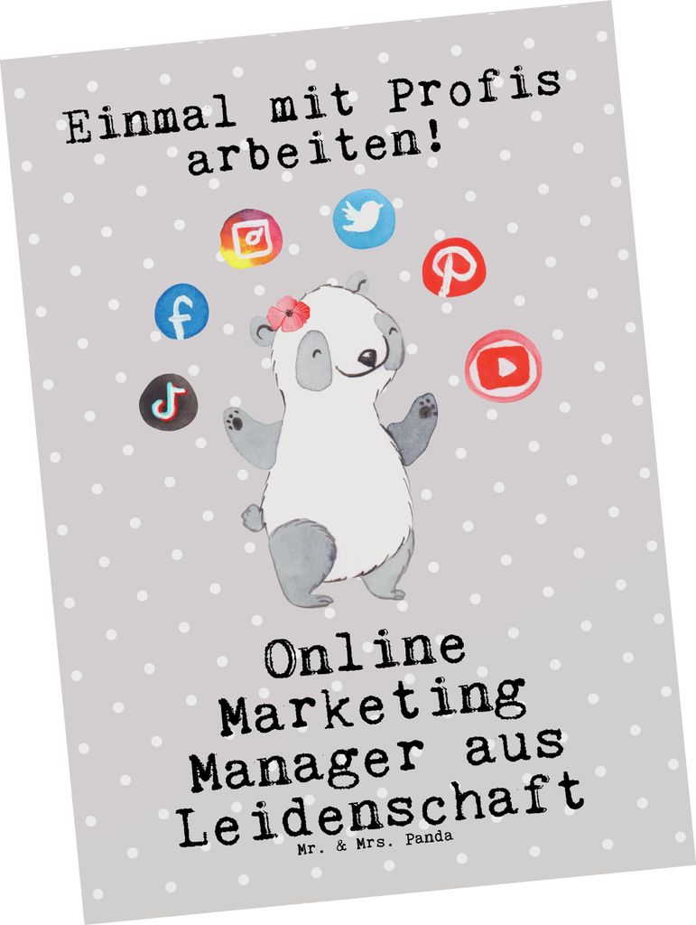 Mr. & Mrs. Panda Postkarte Online Marketing Manager Leidenschaft - Grau Pastell - Geschenk, Grußkarte, bildkarte, Motivkarte, kunstkarte, Postkart...