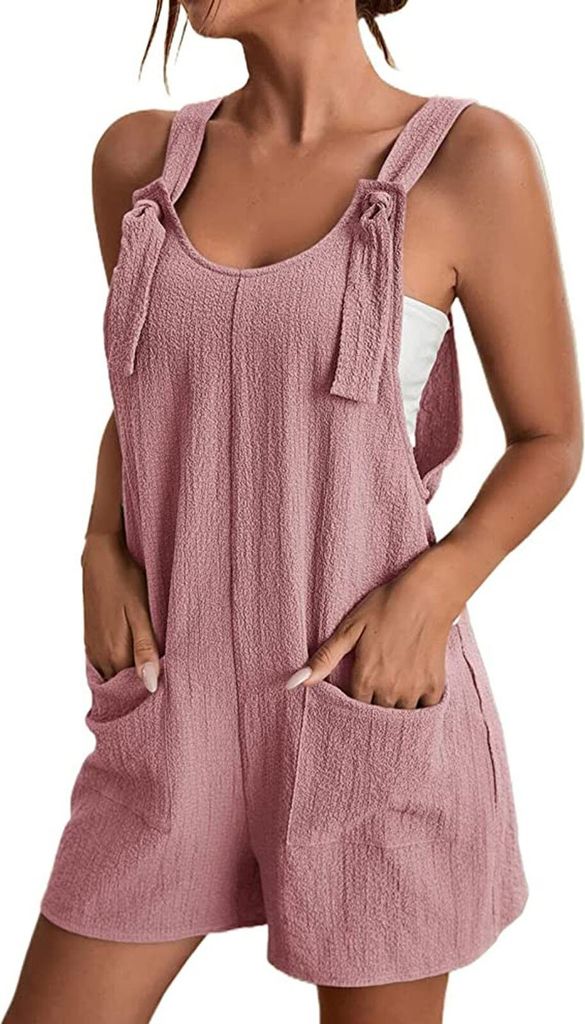 ASKSA Damen Jumpsuit Sommer Ärmellos Kurz Latzhose Playsuit Baggy mit Taschen Sommershort, Rosa, 3XL