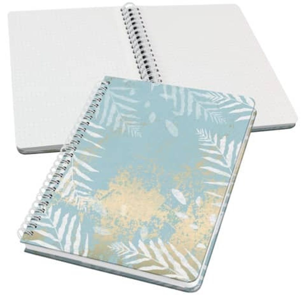 SIGEL JN614 Spiral-Notizbuch Jolie - Heavenly Leaves - punktkariert (Dot-Lineatur) - 100 g/m² - ca. A5 - hellblau, weiß, gold - Hardcover - 120 S...