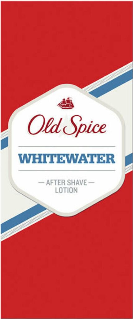 The image shows the packaging for Old Spice Whitewater After Shave Lotion.