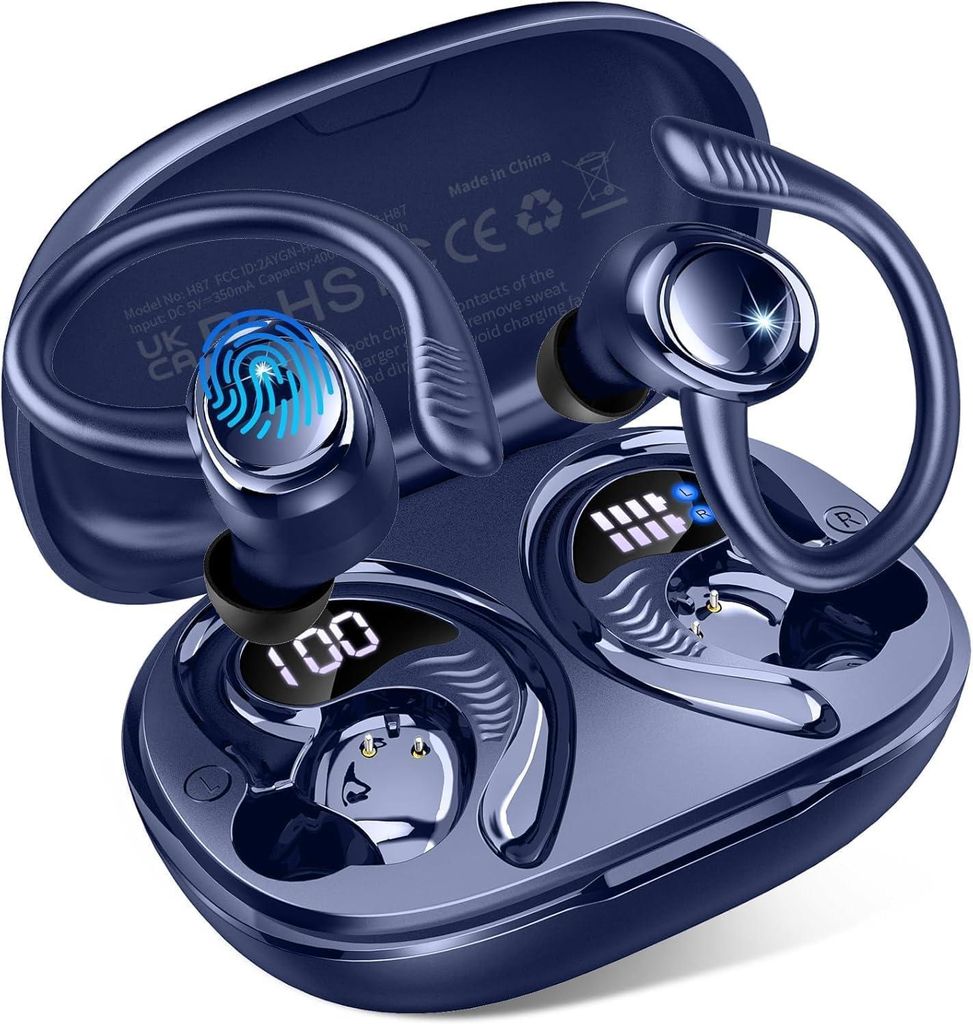 In Ear Kopfhörer 6D Stereo Kabellos Bluetooth mit 4 ENC Mic/50H Noise Cancelling Ear buds, Over-Ear Sportkopfhörer mit Ohrhaken, IP7 Wasserdicht
