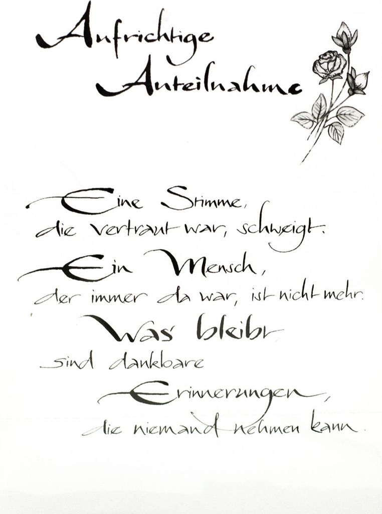 Trauerkarte mit Spruch / Rosen Zeichnung, mit Umschlag