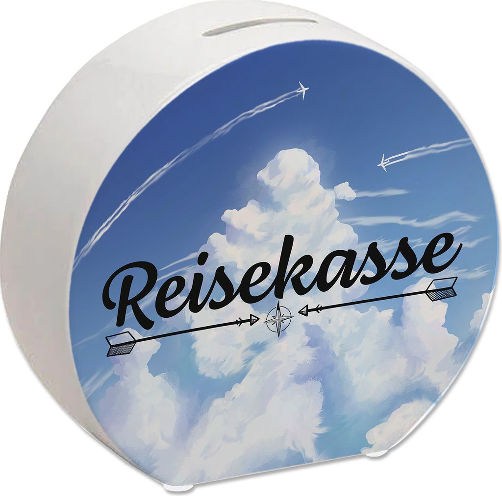 Reisekasse Spardose mit schönem Wolkenmotiv und Flugzeugen