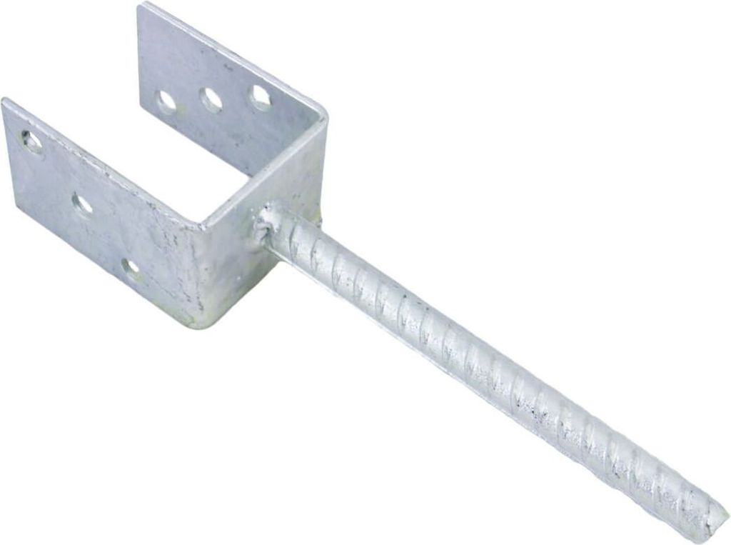 A metal post anchor with a U-shaped bracket is shown against a white background.