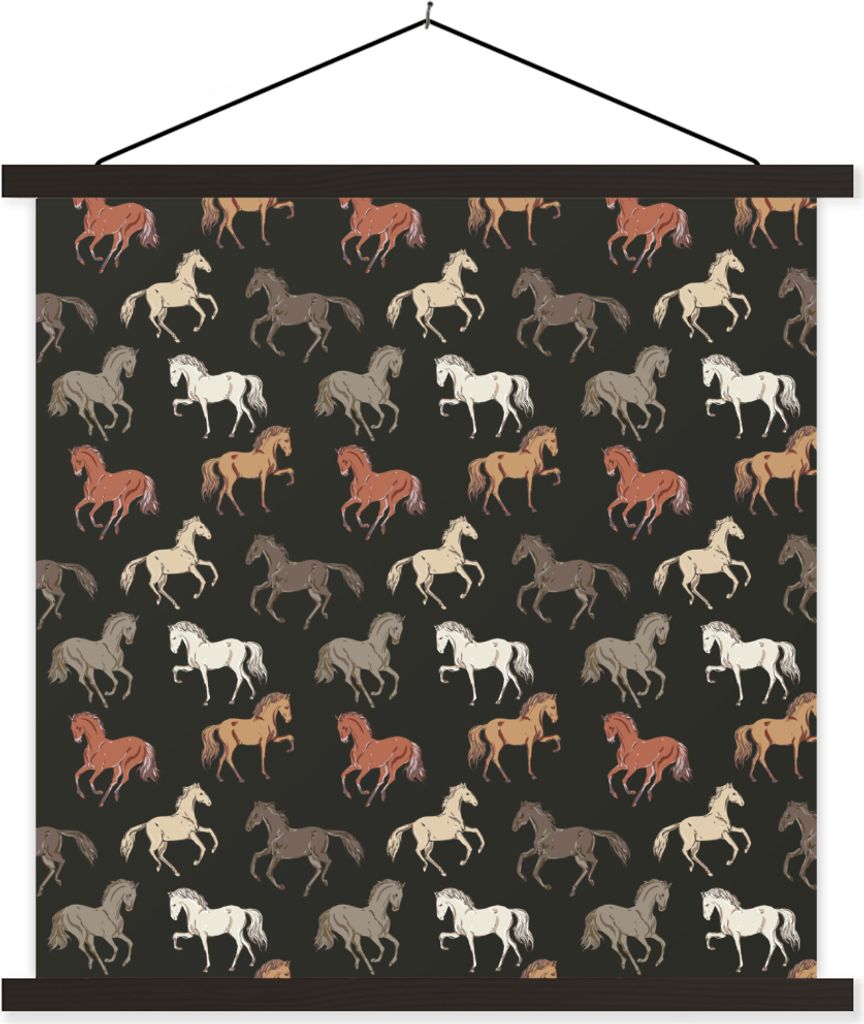 MuchoWow Textilposter Pferde - Schwarz - Muster - Mädchen - Kinder - Mädchen 120x120 cm mit schwarzem Rahmen - Aufhängungsset