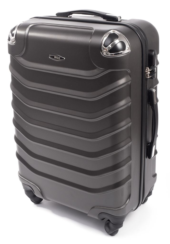 A single dark gray suitcase is shown against a white background.