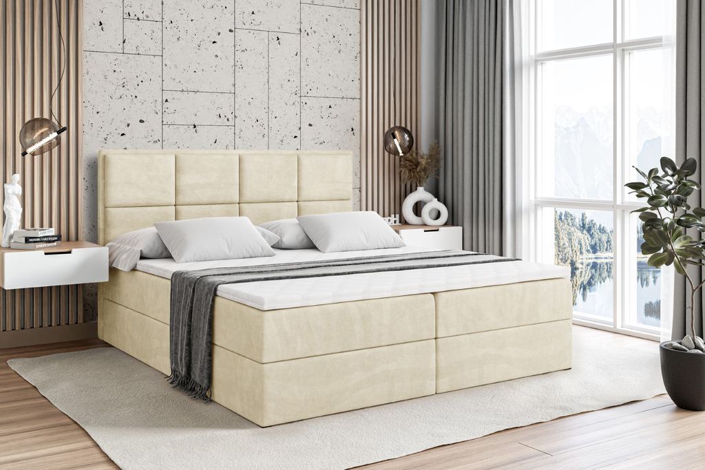 ALTDECOR Boxspringbett mit H4 Matratze und Topper - 120 x 200 cm - NOVA - Beige Samt - Polsterbett mit Bettkasten und Lattenrost, Bett mit Stauraum