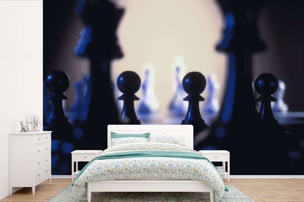 MuchoWow Fototapete für Wohnzimmer oder Schlafzimmer Wandtapete Vinyl Motivtapete Die schwarzen Schachfiguren - 360x240 cm - Vinyl-Tapete