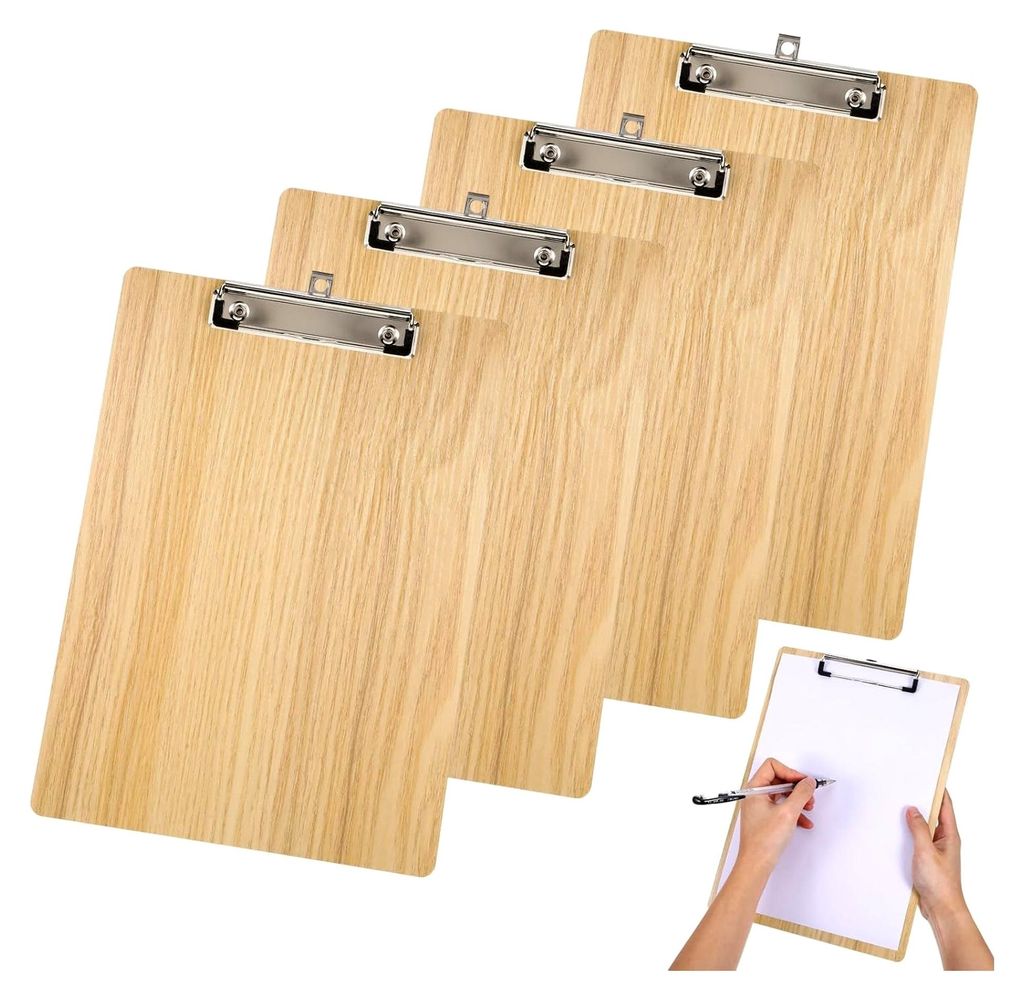 4er-Set Klemmbrett A4 mit Metalklemme und Deckel, Holzbrett für Büro, Küche und Werkstatt, praktische Aufbewahrung und Dekoration in Holzoptik