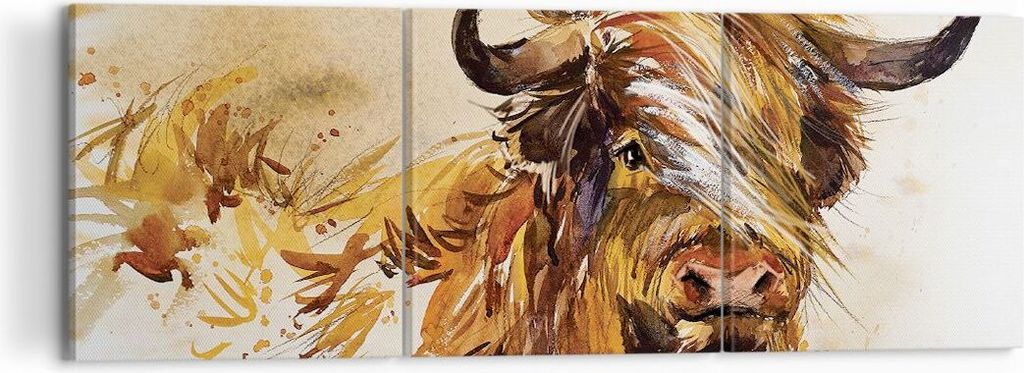 Bild auf Leinwand - Leinwandbild - 3 Teile - Stier Scotch Aquarell - 120x40cm - Wand Bild - Wanddeko - Wandbilder - Leinwanddruck - Bilder - Wandde...