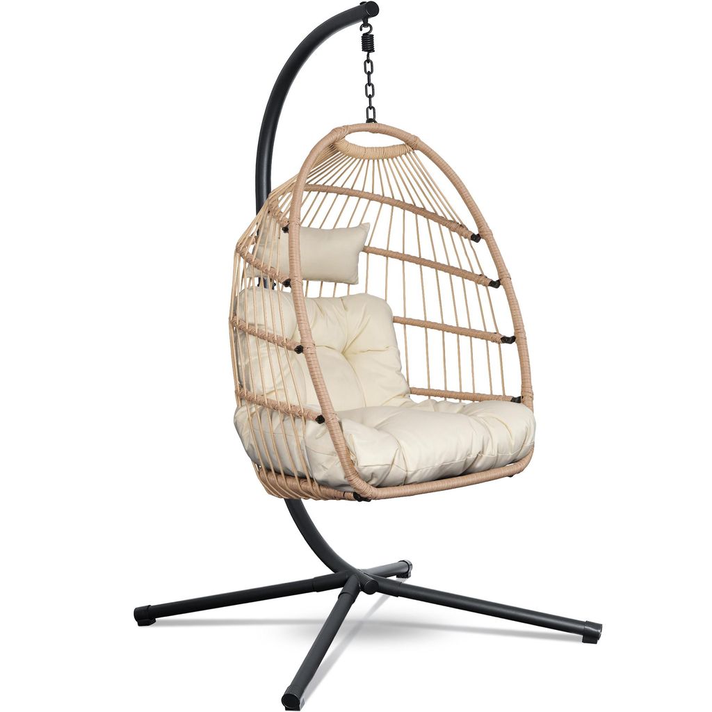 Swoods Hängesessel mit Gestell - Hängesessel Outdoor - Indoor und Outdoor - Hängstuhl mit Großen Kissen - Klapbarer Rattensessel - bis 150 kg