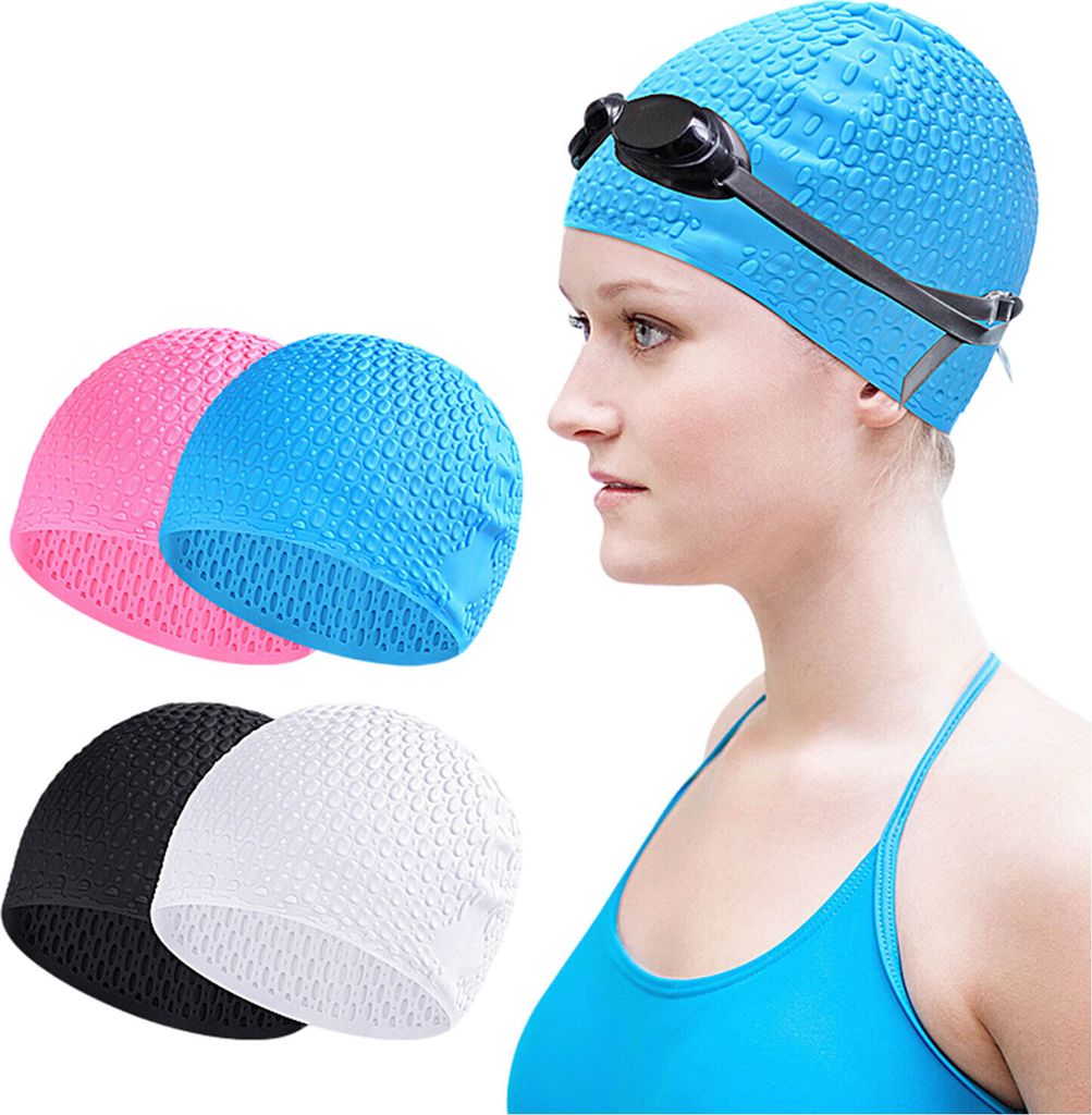 4 Stück Damen und Herren Silikon Badekappe, Elastische Weiche Schwimmhaube, 1 x Weiß +1 x Schwarz + 1 x Rosa +1 x Blau