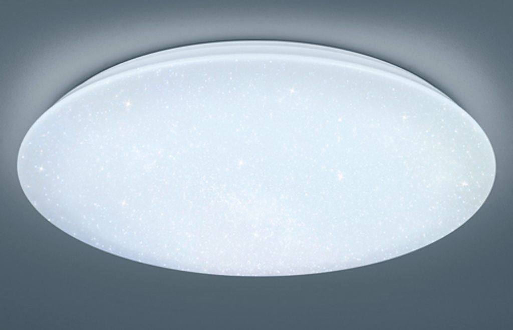 A close-up, studio shot of a round, white LED ceiling light with a speckled, starry pattern.