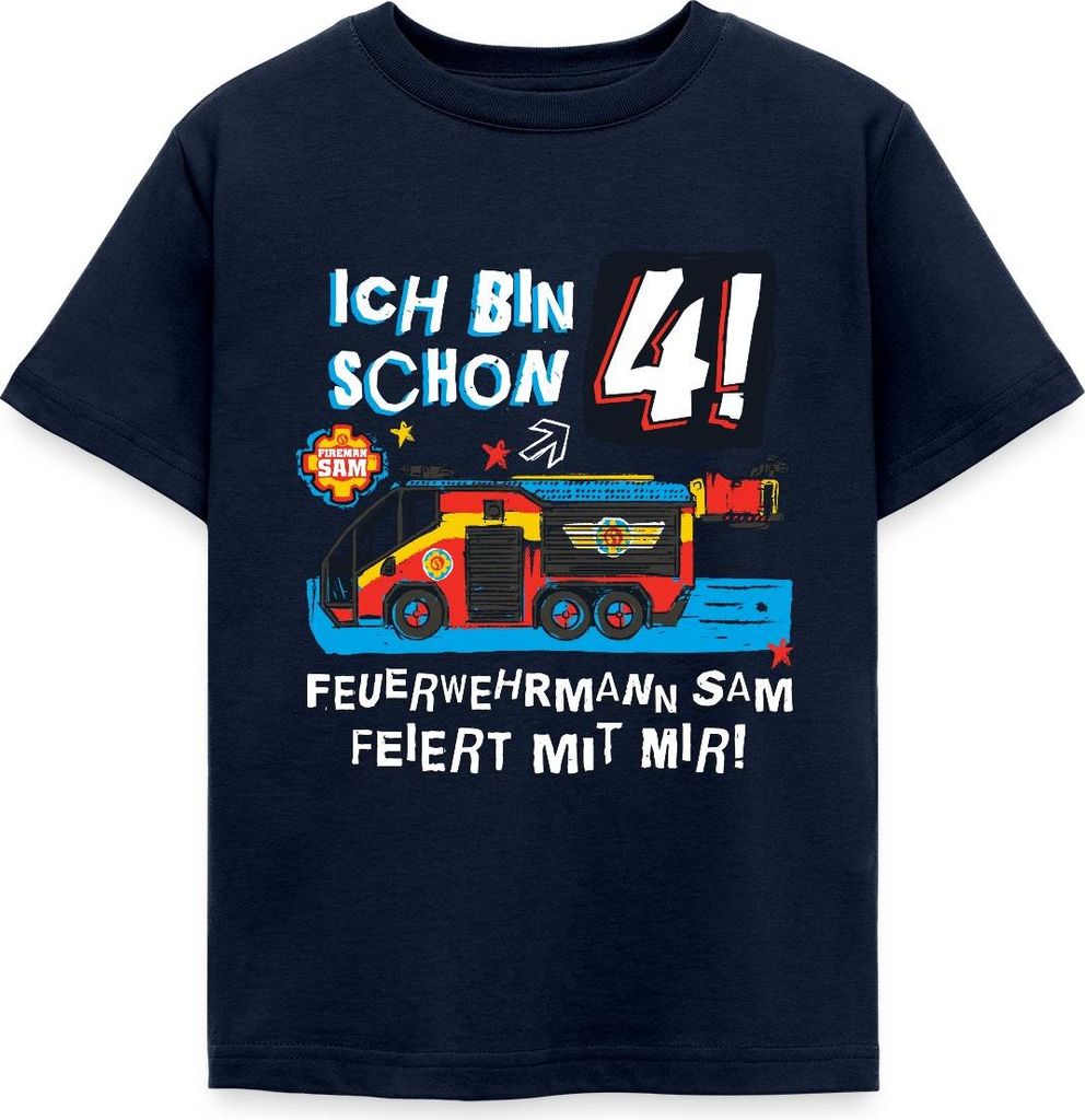 Spreadshirt Feuerwehrmann Sam Geburtstagsdesign 4 Jahre Kinder T-Shirt, 110/116 (5-6 Jahre), Navy