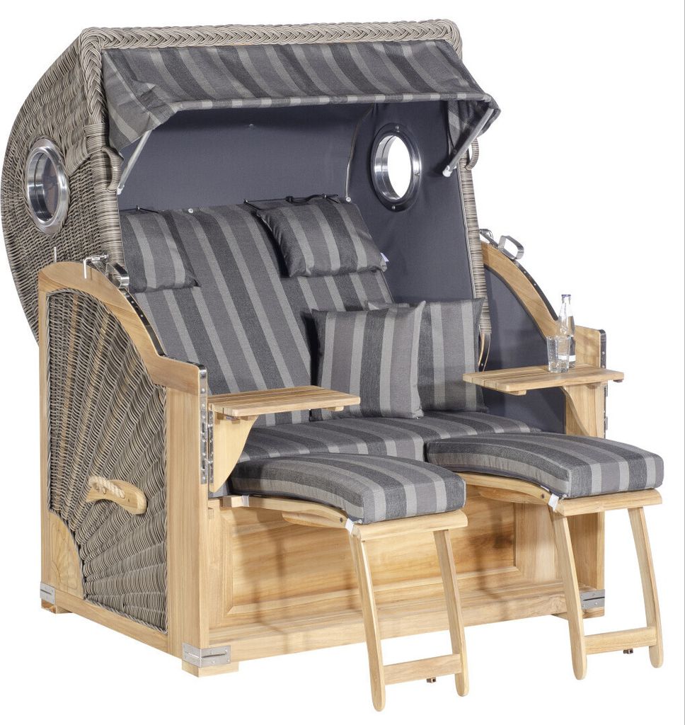 SunnySmart Garten-Strandkorb Rustikal 500 PLUS TEAK COMFORT 3/4-Liegemodell 2-Sitzer XL basalt-grau/