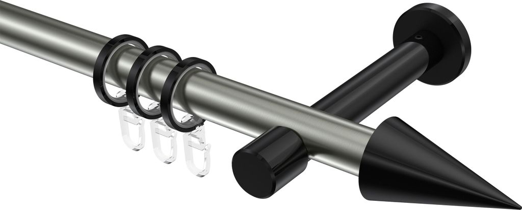 Interdeco Gardinenstange / Vorhangstange Edelstahl-Optik / Schwarz, Typ Prestige Savio (Kegel), 20 mm Ø 1-läufig, 360 cm
