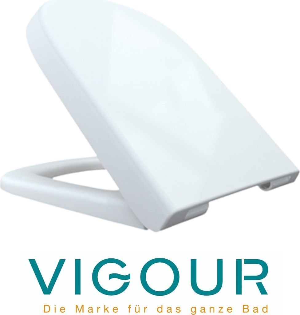 A white toilet seat and lid are shown in an open position against a white background. The brand logo and tagline are displayed below the product.