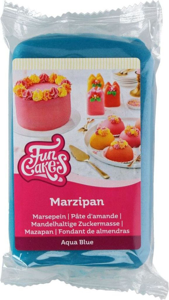 A package of blue marzipan with images of decorated cakes and pastries.