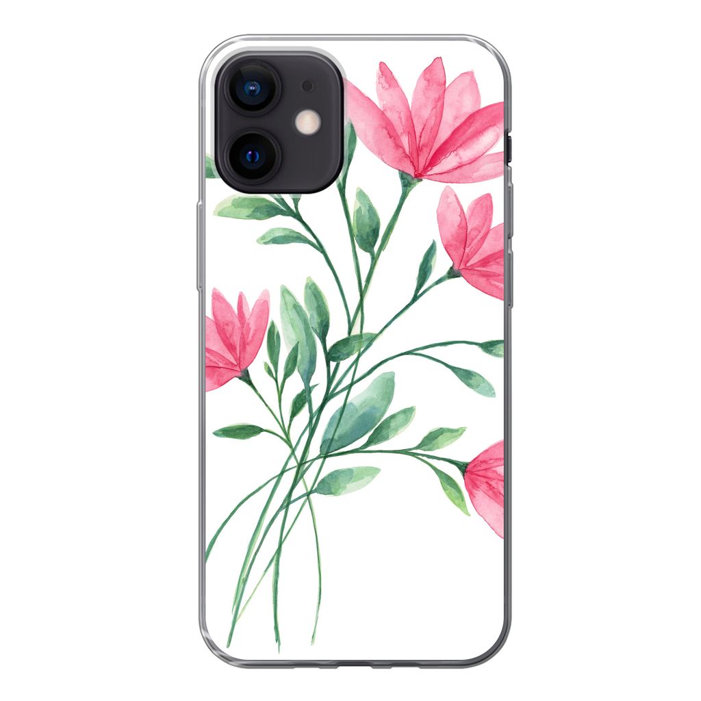 MuchoWow Handyhülle Schutzhülle Hülle für iPhone 12 Blumen - Aquarell - Rosa Silikon Softcase Handy Hülle - Schutzhülle