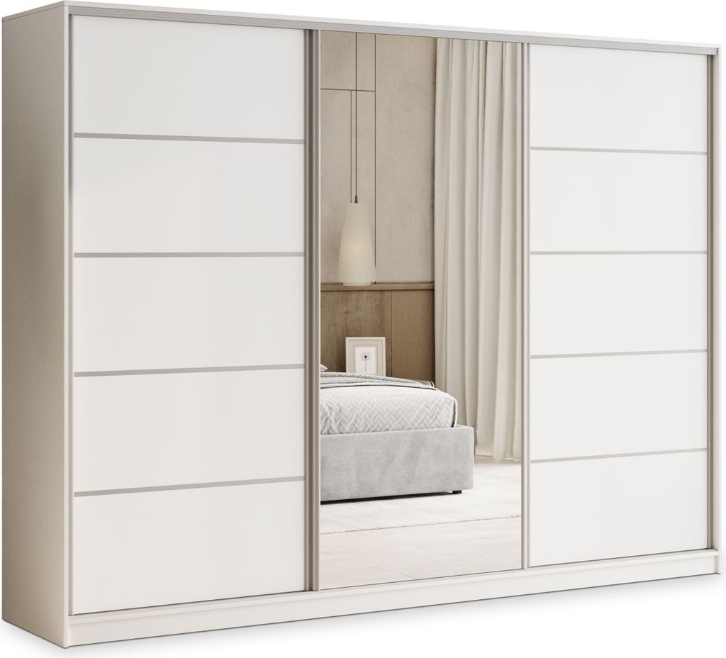 A white sliding door wardrobe with mirrored doors, reflecting a bedroom interior.