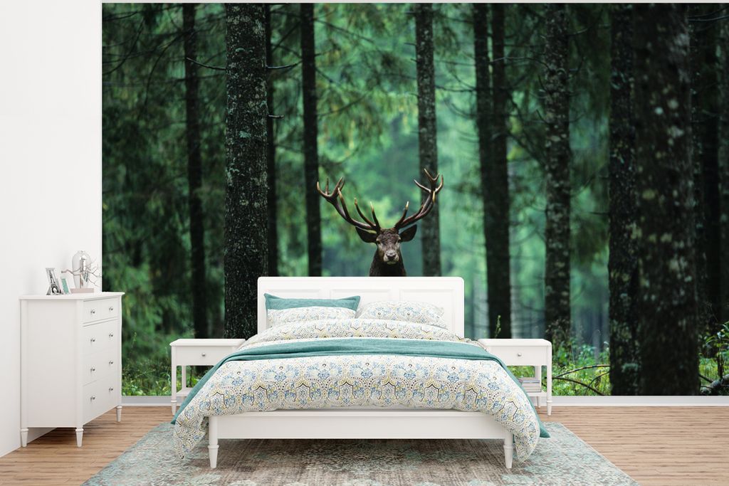 MuchoWow Fototapete für Wohnzimmer oder Schlafzimmer Wandtapete Vinyl Motivtapete Hirsche - Wald - Bäume - Tiere - Natur - 350x260 cm - Wohnzim...