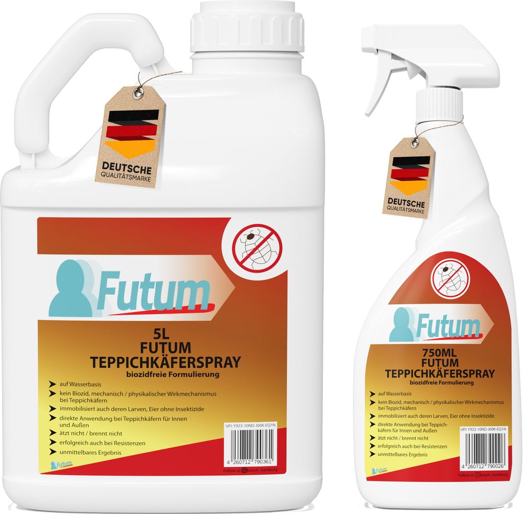 FUTUM 5L+750ml Teppichkäferspray, biozidfreies Käfer Spray, Insektenabwehr, gegen Käfer, Anti Insekten, Insekten Vernichter, Insektenschutz