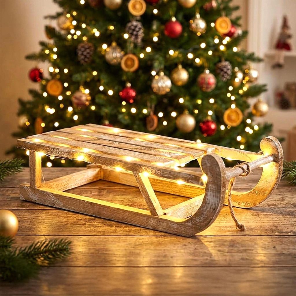Trineo decorativo de madera con luces LED, color natural, Imagen del producto 