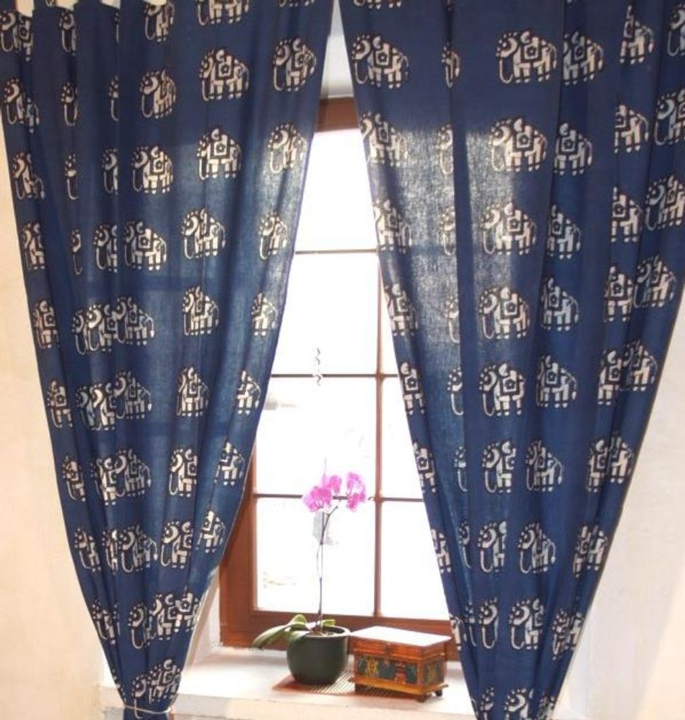 Boho Vorhänge, Gardine (1 Paar ) mit Schlaufen, Handbedruckter Ethno Style Vorhang - Elefant / Blau, Baumwolle, 250*100*0,2 cm, Dekovorhänge