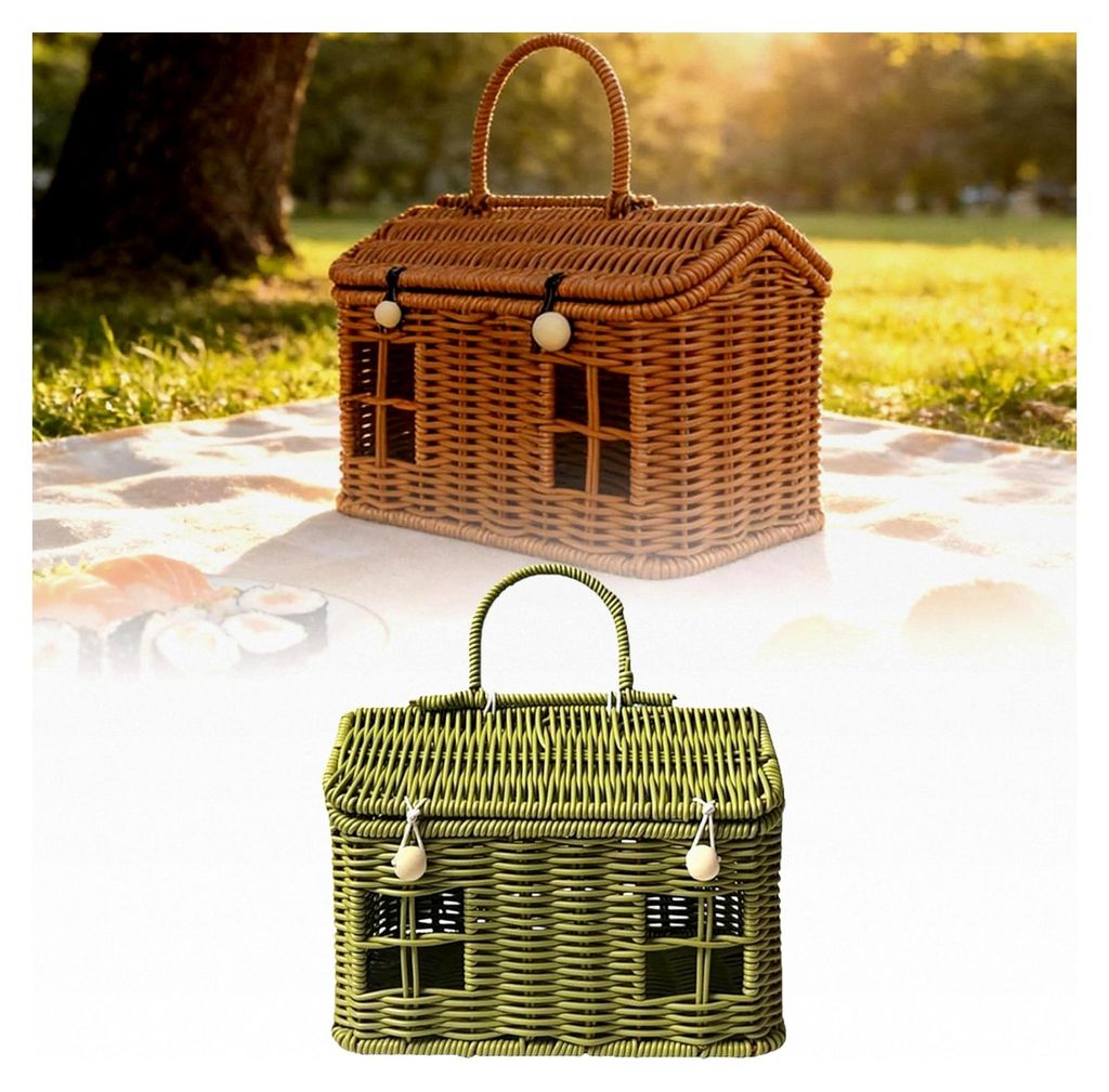 Hausförmiger tragbarer Rattan-Picknickkorb, Vintage Rattan-Picknickkorb mit Deckel und Tür, handgewebter Rattan-Aufbewahrungskorb, multifunktiona...