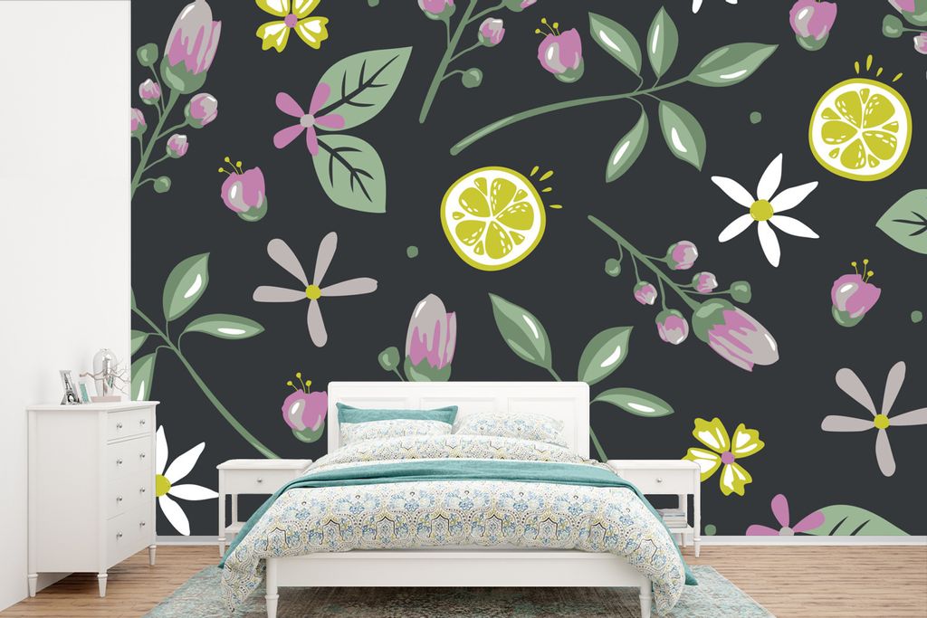 MuchoWow Fototapete für Wohnzimmer oder Schlafzimmer Wandtapete Vinyl Motivtapete Sommer - Blumen - Früchte - 360x240 cm - Vinyl-Tapete