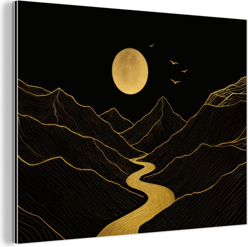 MuchoWow Wanddekoration Metall Metallbild Wandkunst 40x30 cm Fluss - Gold - Mond - Vögel MuchoWow Aluminium Gemälde - Dekoration Wohnzimmer